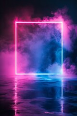 Neon rectangle frame in smoke-filled space, reflected on water