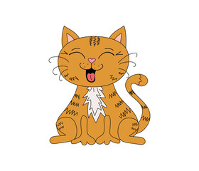Cartoon funny cat. Domestic animal, kitten. Funny laughing cat. Postcard design. Vector doodle illustration, isolated background.