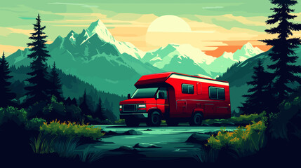 Red recreational vehicle in vector style in green, yellow represents vacation.
