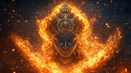 A vibrant 3D rendering of Goddess Kali, surrounded by fiery destruction, with her dark form radiating power and intensity.