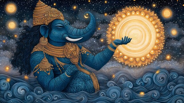 Lord Varaha, the boar avatar of Vishnu, lifting the Earth goddess Bhudevi from the cosmic ocean, the universe swirling behind him