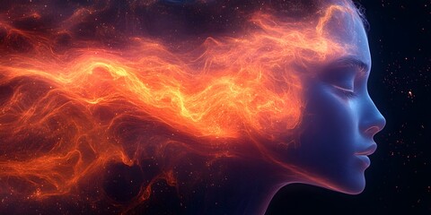 Ethereal Mind: A striking profile of a person with closed eyes, their hair transforming into a dynamic swirl of fiery energy, symbolizing thoughts and emotions with an artistic flair.