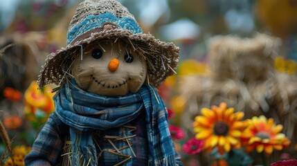 Colorful autumn scene featuring a smiling scarecrow amidst vibrant flowers in a farm setting