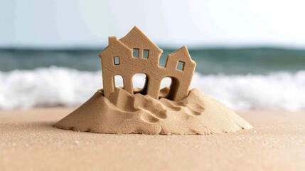 A whimsical sandcastle resembling a house stands tall on the beach, with gentle waves in the background, evoking feelings of childhood nostalgia.