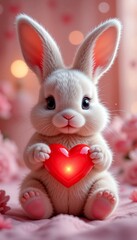 A cute bunny holding a glowing red heart in a soft pink glow, creating a sweet and loving atmosphere, ideal for whimsical designs.