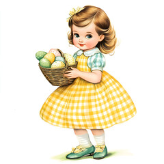 A charming girl in a yellow dress holds a basket of Easter eggs, exuding a joyful and festive vibe, perfect for holiday and spring designs.
