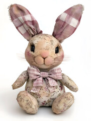  A vintage plush bunny with a bow, featuring soft tones and a worn texture, creates a nostalgic and cozy atmosphere, ideal for whimsical designs.