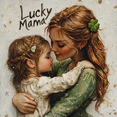 A tender mother hugs her child with "Lucky Mama" text, exuding warmth and love, perfect for family and sentimental designs.