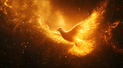 A glowing dove soars in a fiery sky with radiant light, creating a serene and symbolic scene, perfect for peace and spiritual designs.