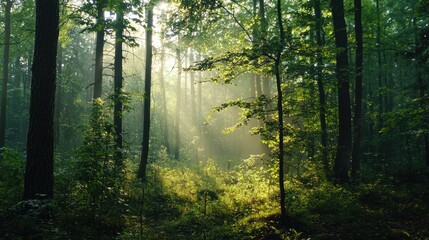 Obraz premium Sunlit Forest Path: A Mystical Morning in the Woods