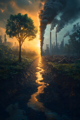 A polluted landscape with smoke from factories, a dry river, and barren trees under a dark sky, creating a dramatic and environmental scene, ideal for awareness designs.