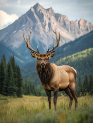 A majestic elk stands in a mountain landscape with rugged peaks and lush greenery, creating a serene and wild atmosphere, ideal for nature designs.