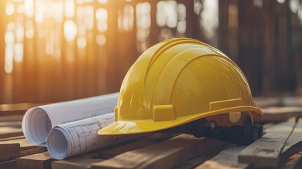 A construction helmet with blueprints lies in a sunny setting, exuding a professional and bright vibe, perfect for industrial designs.