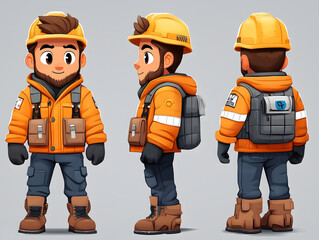 Three construction workers in orange uniforms stand confidently, creating a bold and industrious atmosphere, ideal for work-themed designs.