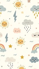 Seamless whimsical weather pattern with rainbows, clouds, sun, raindrops, and stars, perfect for nursery decor, textiles, and kids' designs.