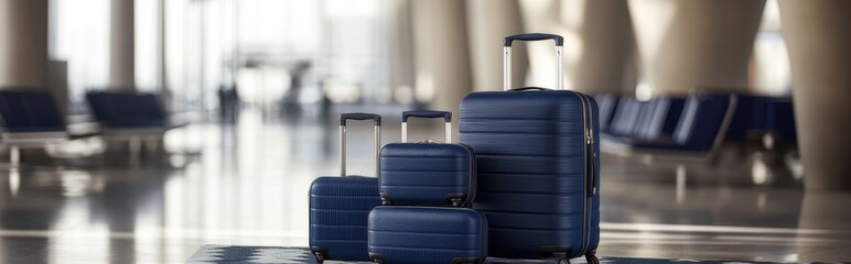 Stylish blue luggage set ready for travel at a modern airport terminal with sleek architecture