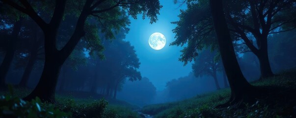 Twinkling moonlight filters through leafy canopy, forest lights, blue