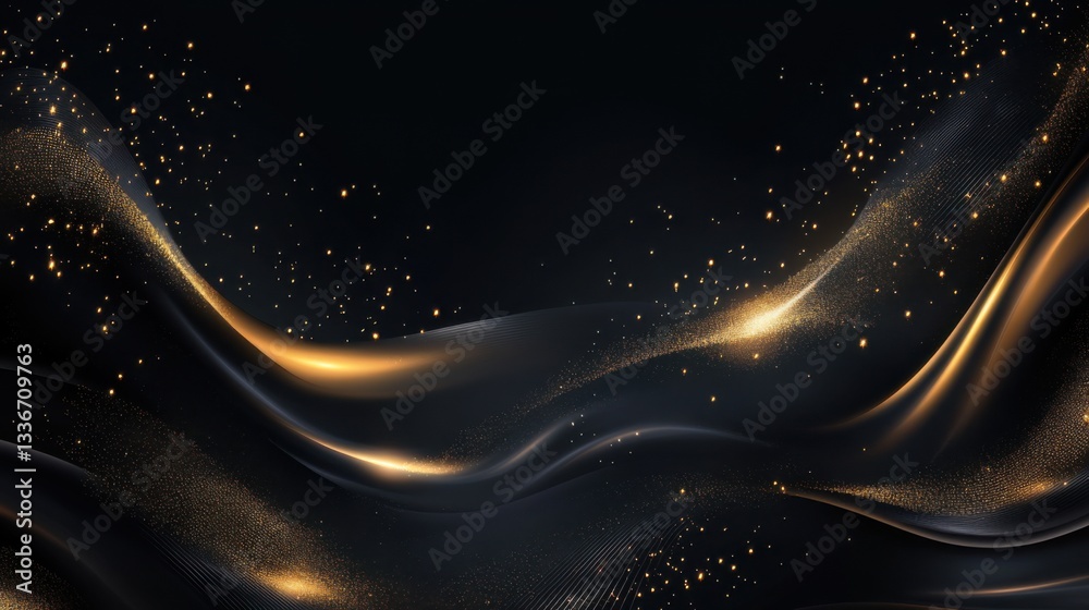 Poster beautiful abstract wave patterns with golden sparkles on a dark background creating a stunning visua