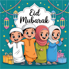 Muslim family, Eid Mubarak cartoon illustration
