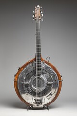 Naklejka premium Unique banjo with a metallic body and wooden neck, showcasing craftsmanship