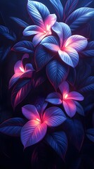 Fototapeta premium Luminous Petals: A cluster of exotic flowers with radiant, glowing petals unfolds against a backdrop of dark foliage, showcasing nature's beauty.