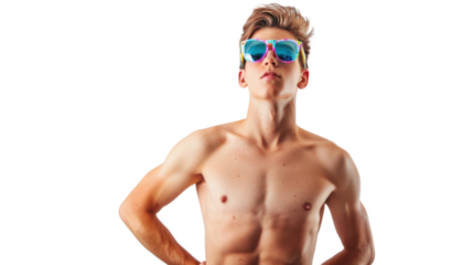 Shirtless young man wearing colorful sunglasses posing on transparent background