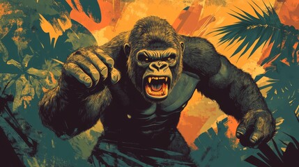 Obraz premium Fierce gorilla charging through a vibrant jungle with tropical foliage and dramatic colors in the background