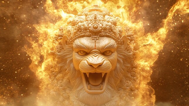 A mystical 3D depiction of Lord Vishnu's avatar, Narasimha, emerging from the pillar with a lion is head and a mighty roar.