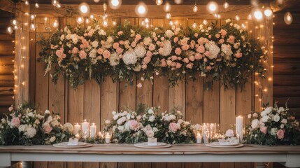 Fototapeta premium Rustic wedding reception setting with floral arrangements and string lights