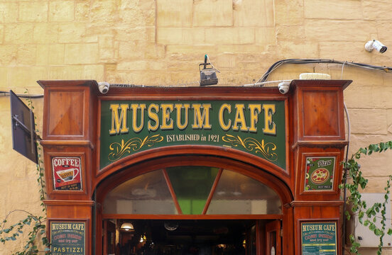 Museum Cafe sign in Valletta, Malta, displaying its establishment date