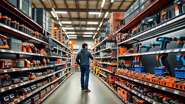 Man Shopping for Power Tools in a Hardware Store Aisle Filled with Equipment, Drills, and Construction Supplies for DIY Projects

 - Powered by Adobe