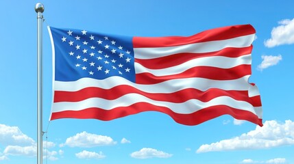 Fototapeta premium A stunning cinematic shot of the American flag flying gracefully against a bright blue sky. The red, white, and blue colors of the flag are vivid and bold, with the white clouds adding depth