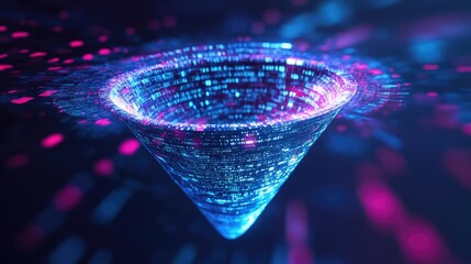 A mesmerizing digital vortex of data streams and glowing particles swirling in a futuristic cyber landscape