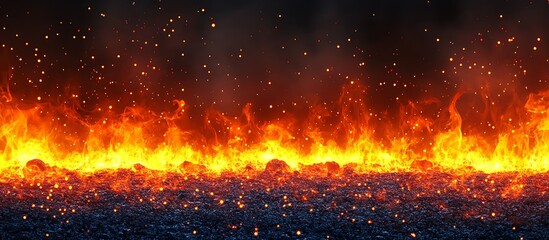Fiery inferno burning embers dark background