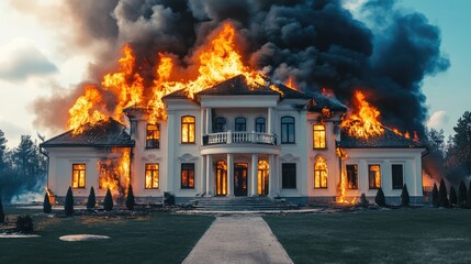 A grand mansion engulfed in flames, with thick smoke billowing into the sky, set against a dramatic sunset