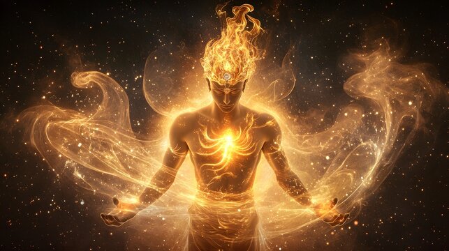 A powerful 3D illustration of Lord Agni, with his fiery form emanating intense heat, surrounded by swirling fire and divine light.