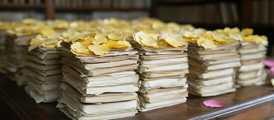 Stacks of old books decorated with petals