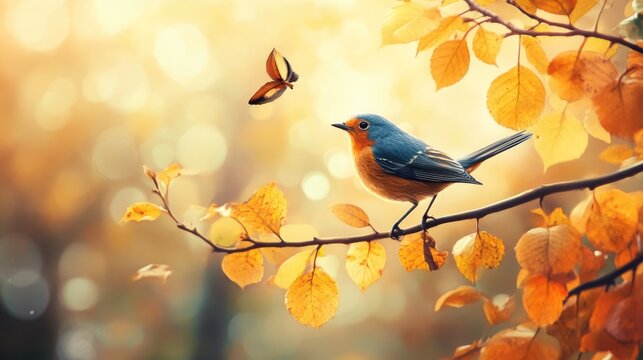 A vibrant bluebird perched on a branch amidst autumn leaves, with a butterfly fluttering nearby in a serene setting