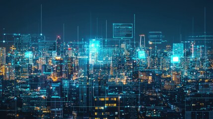 A futuristic cityscape augmented with holographic digital billboards.