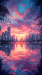 Fototapeta premium Cityscape Sunset Reflection: An urban panorama at dusk, with city skyline silhouetted against a vibrant sky reflected in calm water.