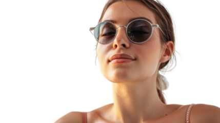 Young woman wearing sunglasses with closed eyes and transparent background