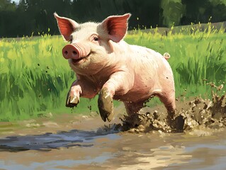 Fototapeta premium Happy Pig Running in Muddy Puddle with Grassy Field Background