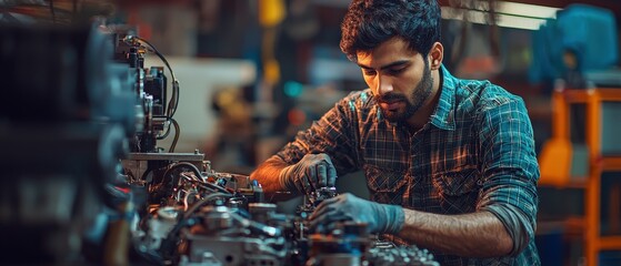 Indian automotive engineer working on an engine assembly line, monitoring robotic precision in vehicle manufacturing