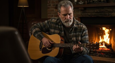 Obraz premium A man playing guitar by the fireplace, immersed in music.