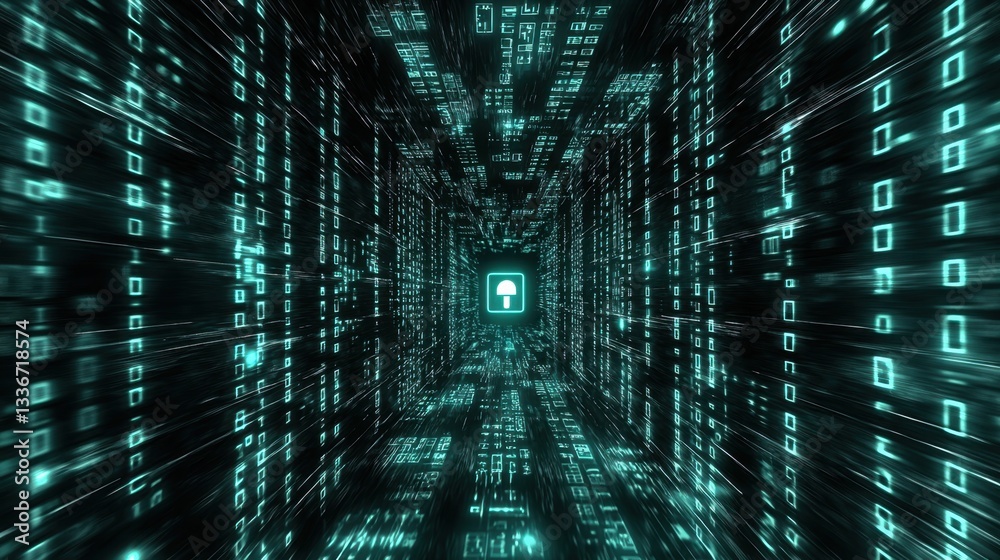 Poster a futuristic digital lock surrounded by binary code, symbolizing cybersecurity.