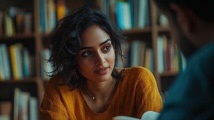 Indian therapist in a cozy therapy room attentively listening to a client, warm lighting, bookshelf in background, deep conversation, professional attire, calming atmosphere
