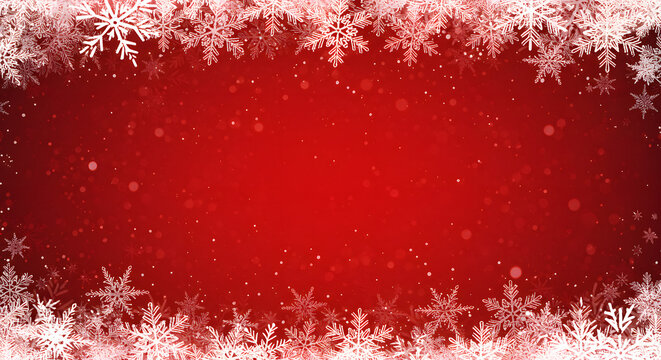 Festive red background with white snowflake border and bokeh effect christmas holiday theme