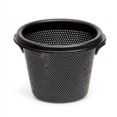 A black plastic strainer positioned on a clean surface, ideal for deep frying or draining, with clear copy space available for text or other design elements