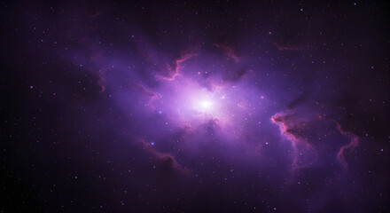 A vibrant purple nebula with bright center surrounded by countless stars in deep space view
