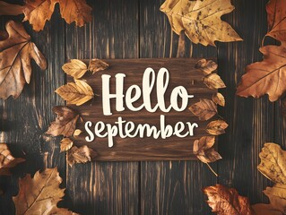 Hello September Sign on Wooden Background with Autumn Leaves Decoration